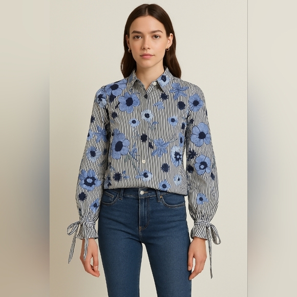 Max Jeans Tops - Floral Blue and White Women's Top
